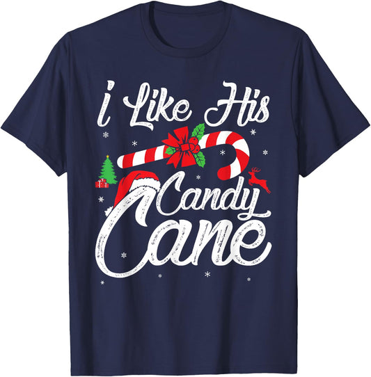 I Like His Candy Cane Couples Matching Christmas Funny T-Shirt - T-Shirt | Navy