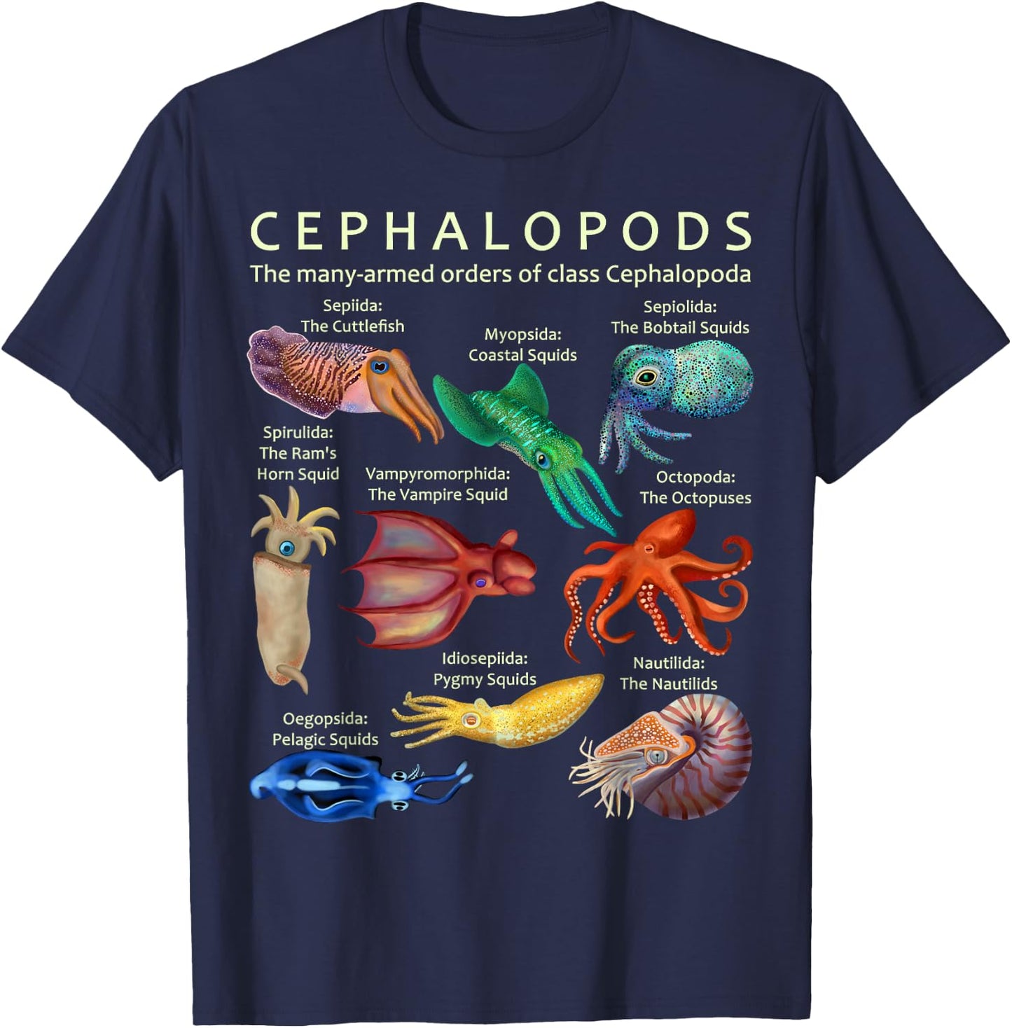 The Cephalopod Octopus Squid Cuttlefish and Nautilus T-Shirt - T-Shirt | Navy
