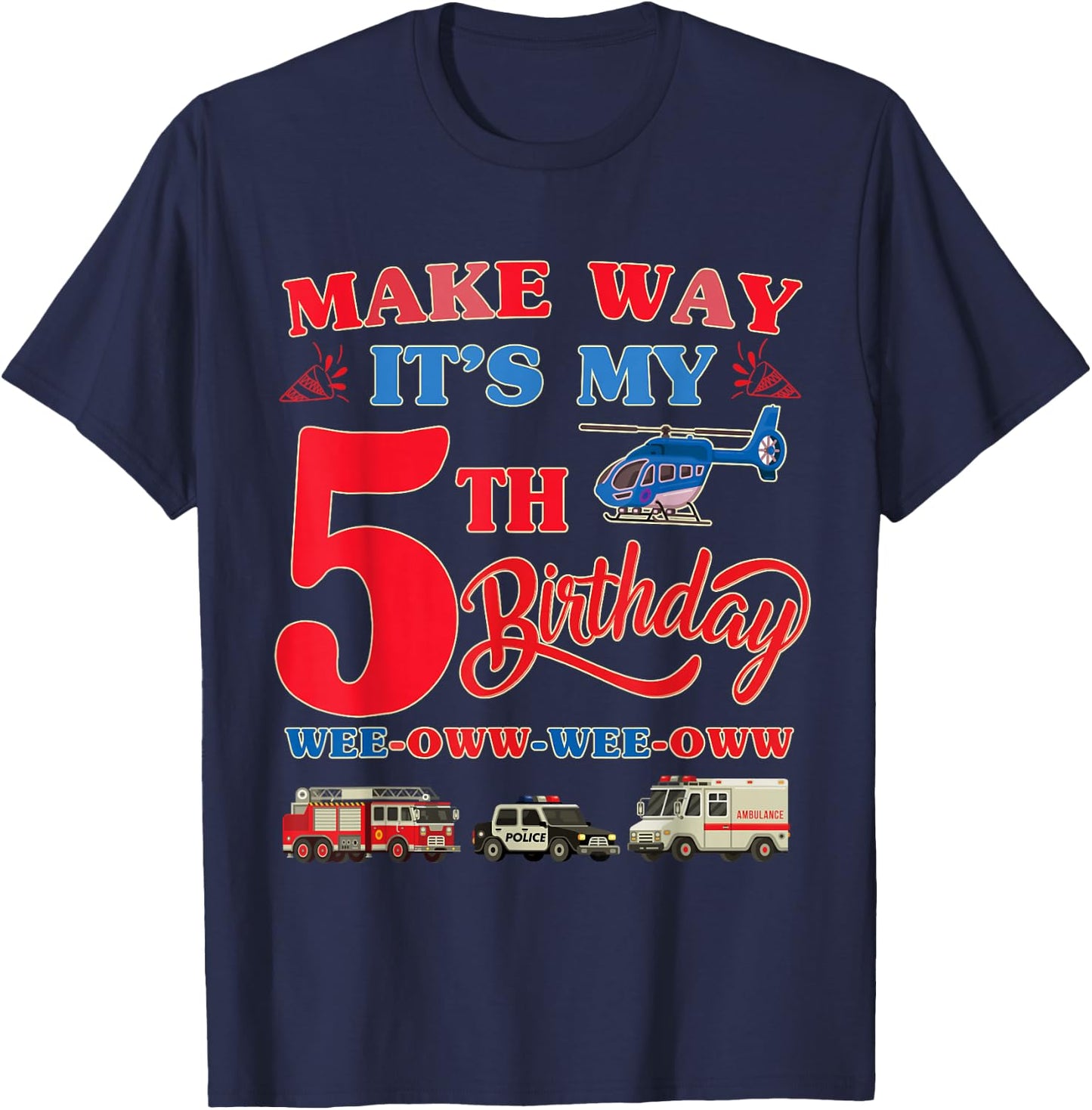 5th birthday Rescue Vehicles Birthday theme 5 year old kids T-Shirt - T-Shirt | Navy
