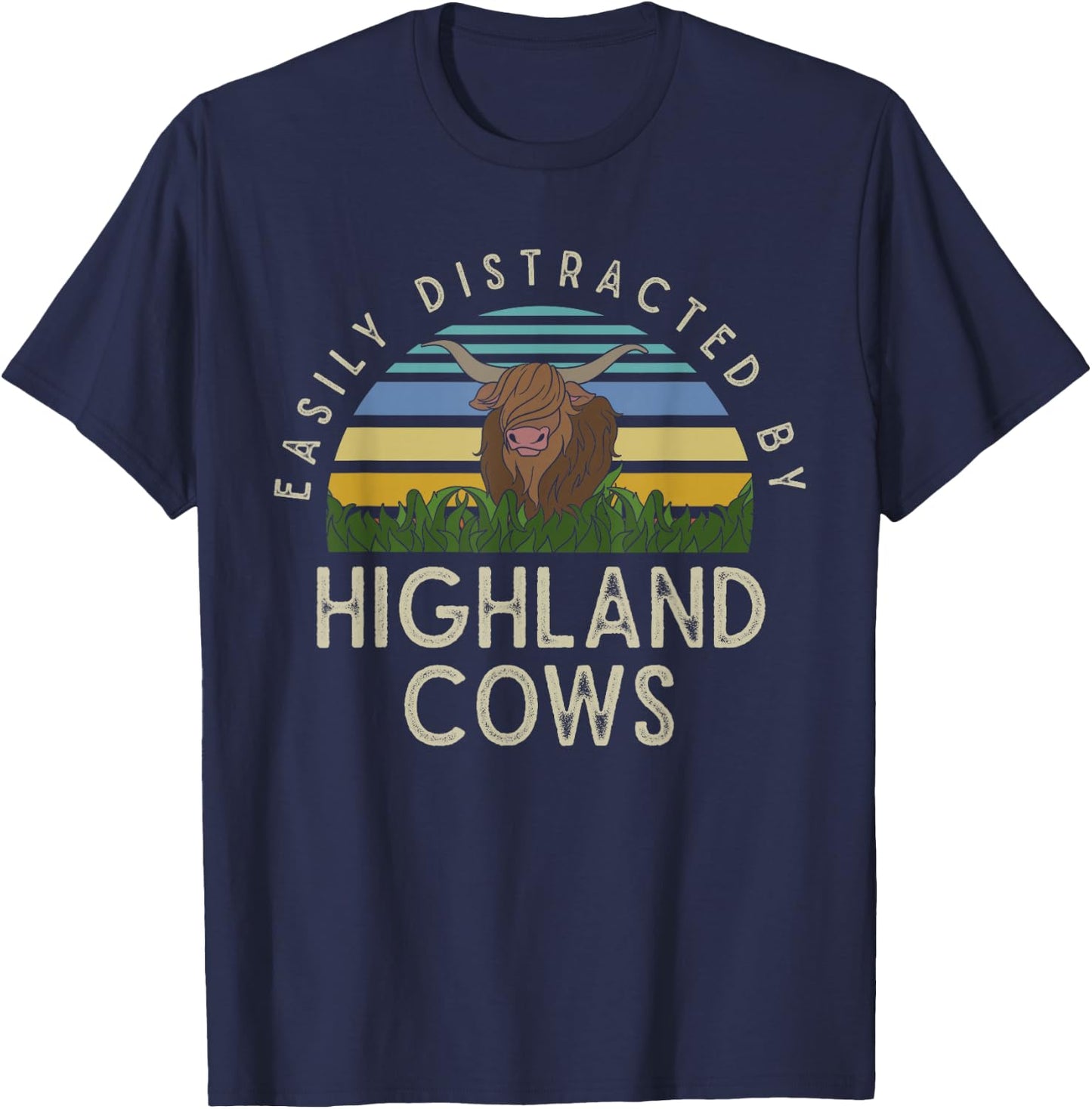 Farm Animal Gift Retro Scottish Highland Cow T-Shirt - T-Shirt | Navy