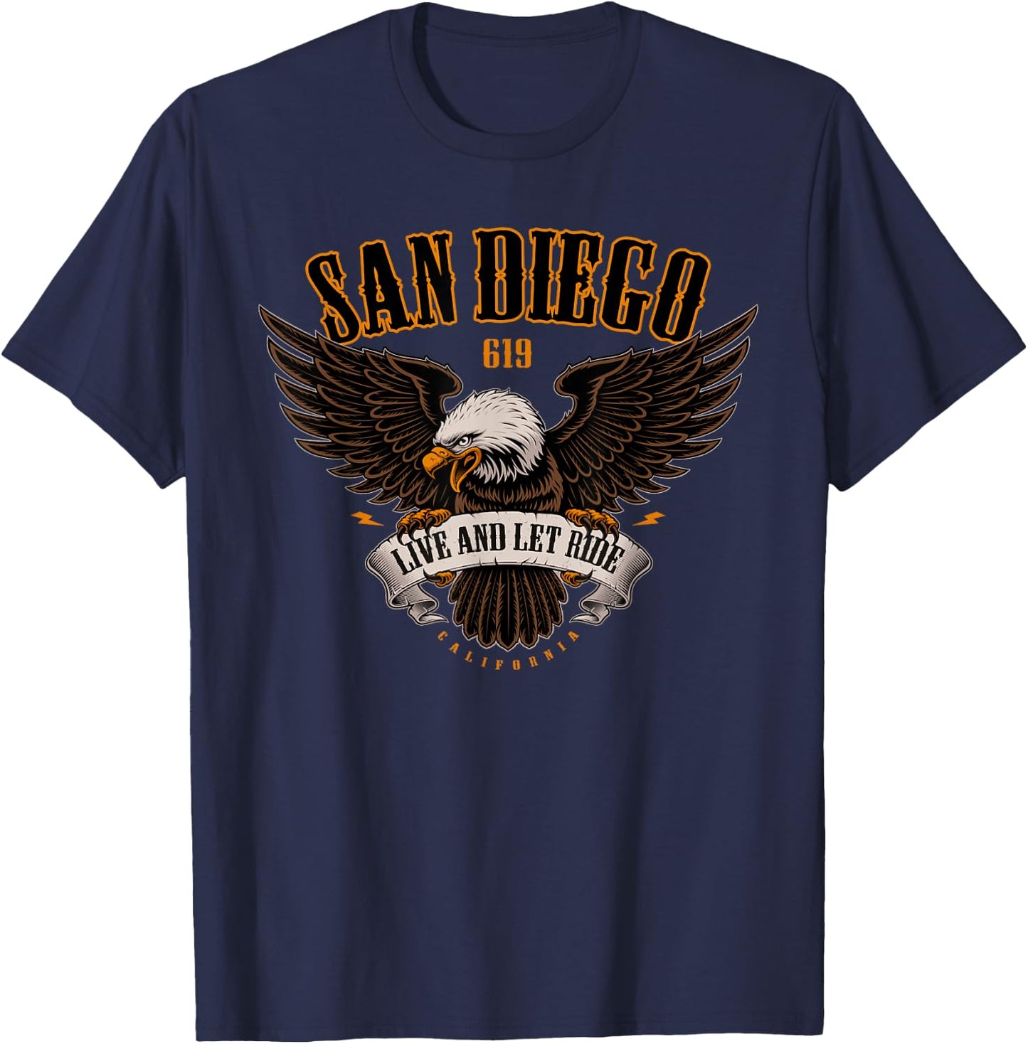 San Diego 619 Area Code and Eagle For Motorcycle Enthusiast T-Shirt - T-Shirt | Navy