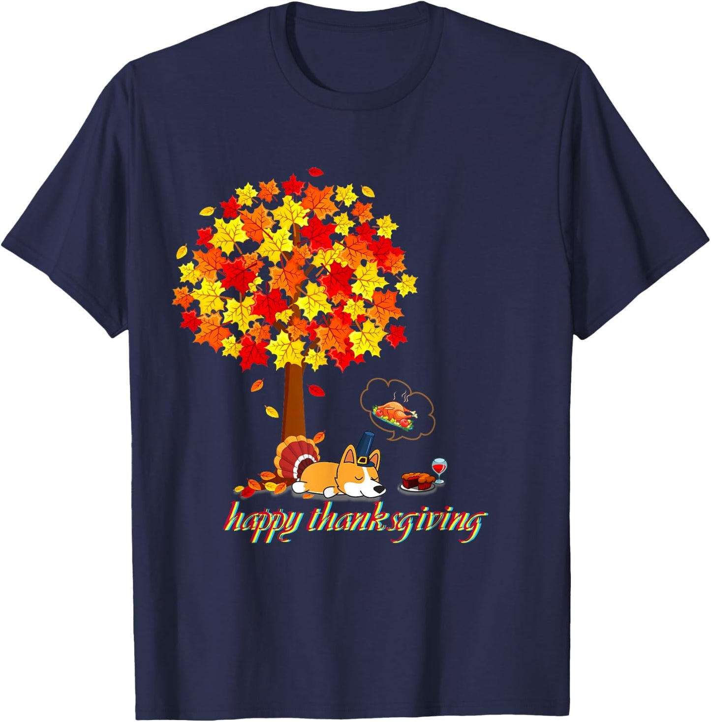 Funny Thanksgiving Corgi Lover Black Thanksgiving-themed Corgi -Adults Small Short Sleeve Cotton 100% T-Shirt - T-Shirt | Navy