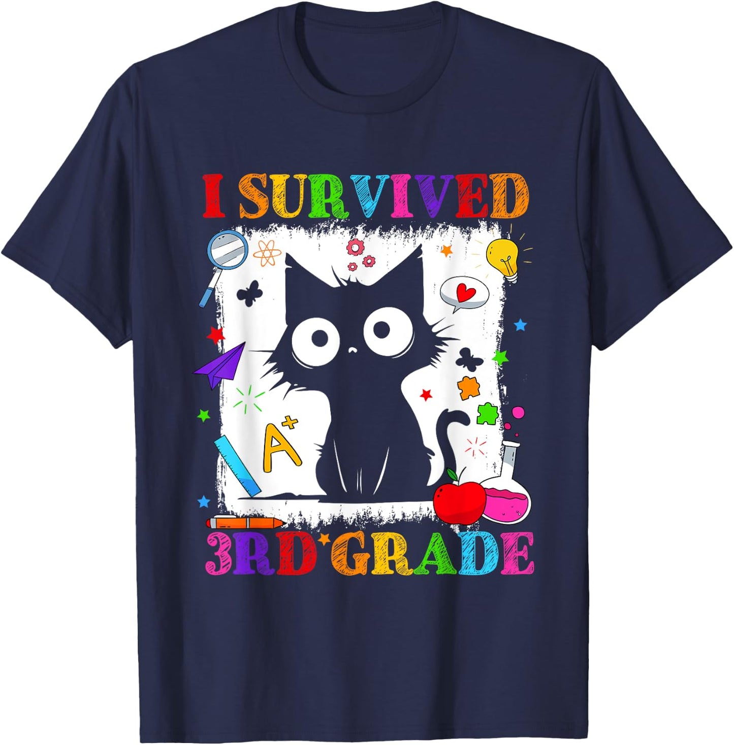 I Survived Third 3rd Grade Funny Graduation Cat Kids T-Shirt - T-Shirt | Navy