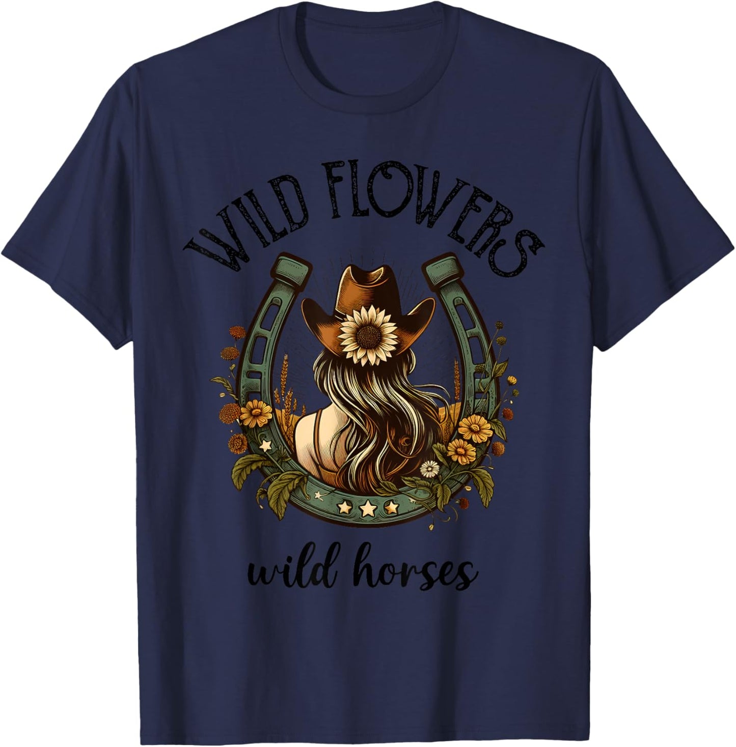 Wild Flowers Wild Horse Cowgirl Riding Horse T-Shirt - T-Shirt | Navy