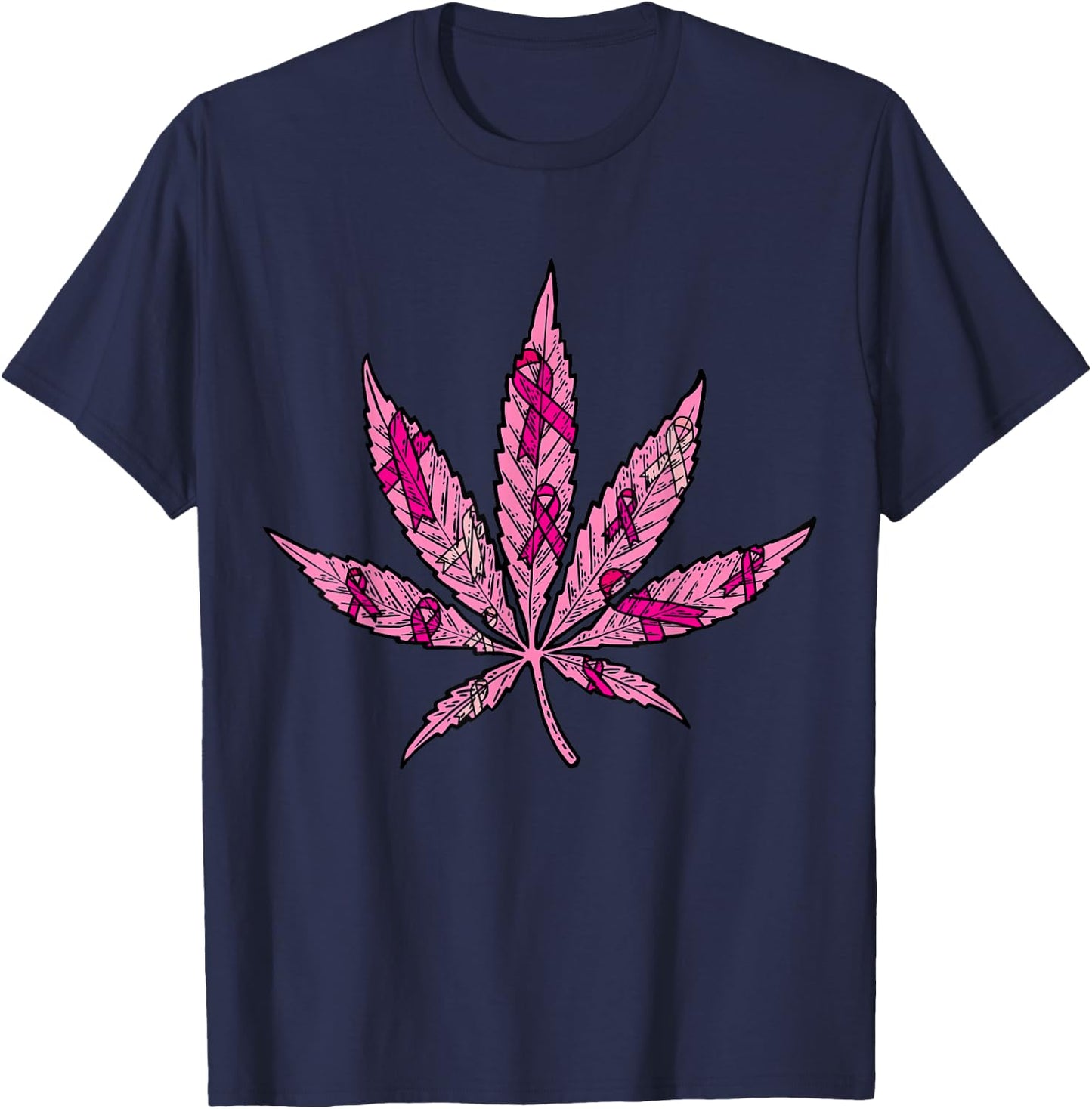 Pink Ribbon Weed Marijuana Cool Breast Cancer Awareness Gift T-Shirt - T-Shirt | Navy