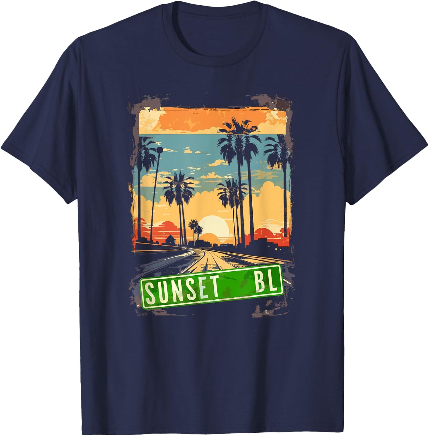 Vintage 80s Sunset Blvd Hollywood Grunge Graphic T-Shirt - T-Shirt | Navy
