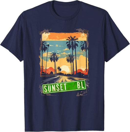 Vintage 80s Sunset Blvd Hollywood Grunge Graphic T-Shirt - T-Shirt | Navy