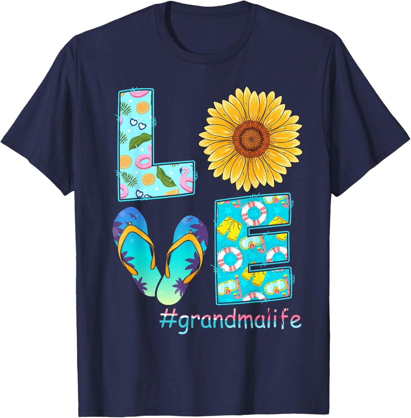 LOVE Grandma Life Flip Flops Hippie Sunflower Summer Women T-Shirt - T-Shirt | Navy