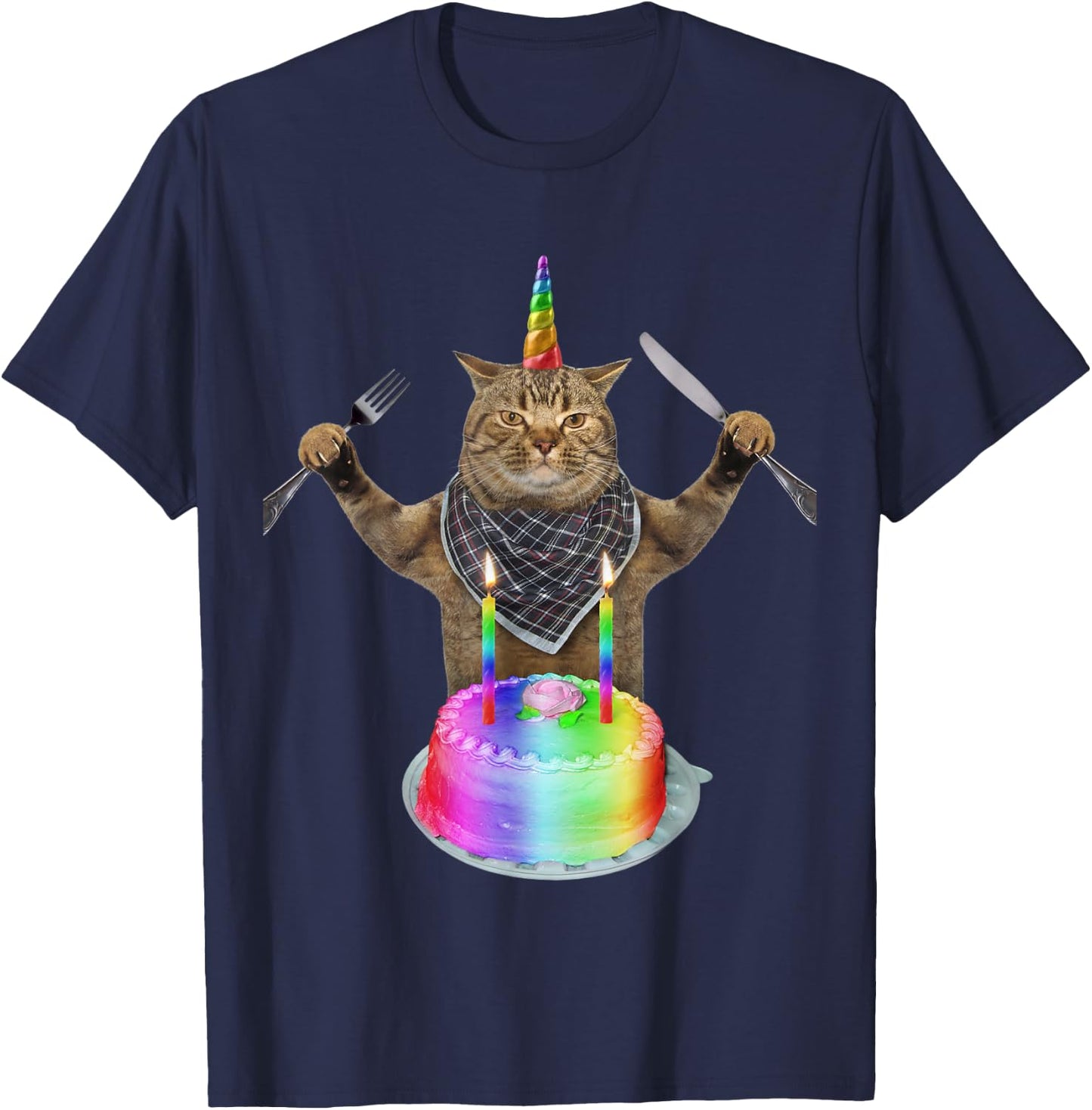 Funny cat unicorn with a birthday cake Women Girls Kids T-Shirt - T-Shirt | Navy