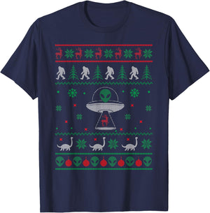 Ugly Christmas Sweater Alien UFO Bigfoot Loch Ness T-Shirt - T-Shirt | Navy