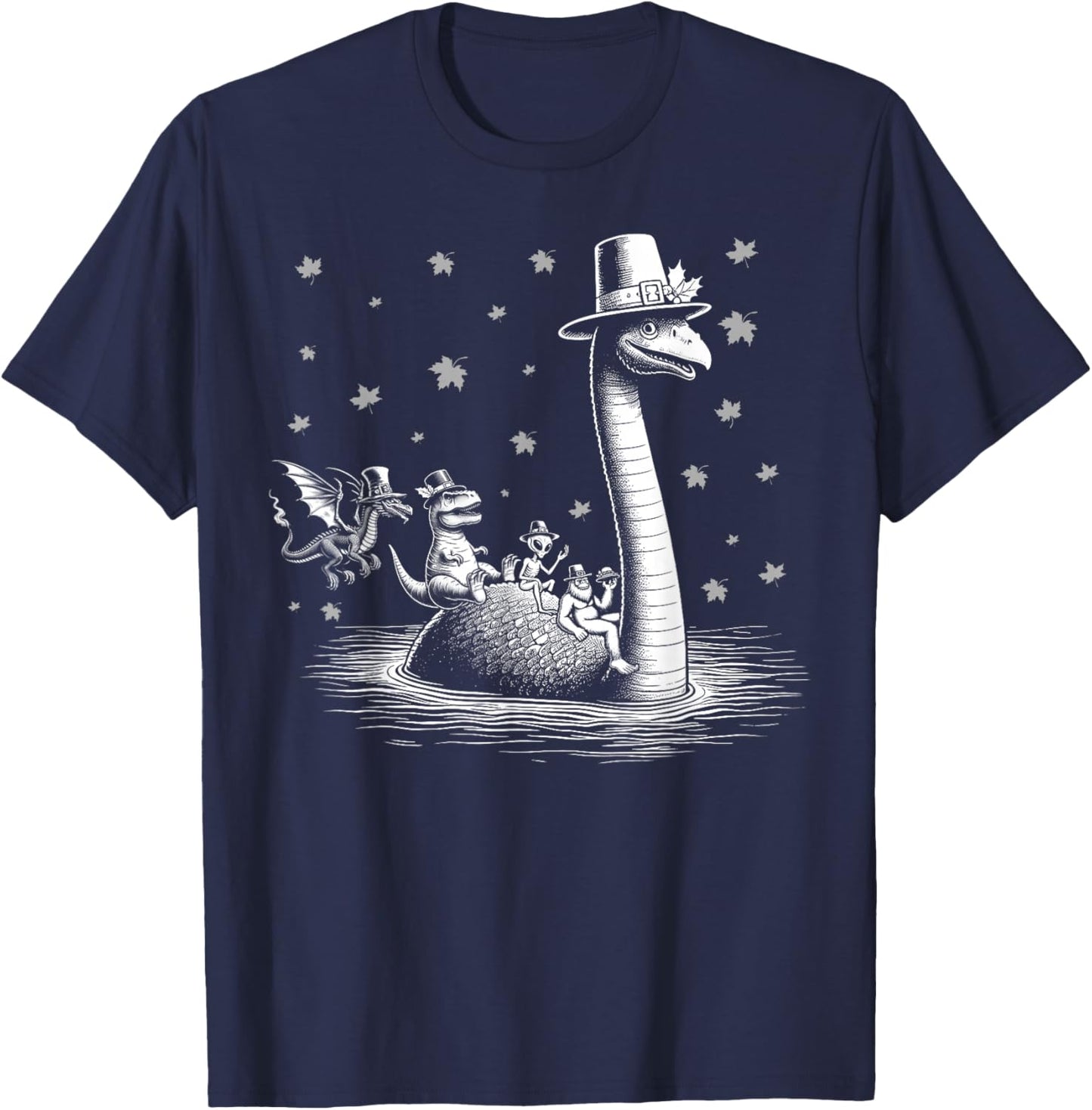 Thanksgiving Bigfoot alien riding loch Ness monster fall T-Shirt - T-Shirt | Navy