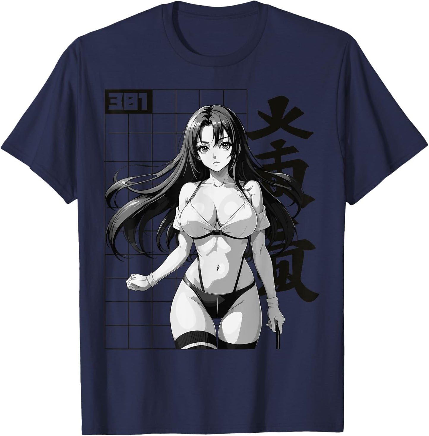 Sexy Waifu Otaku Anime Girl Japanese in Black White Art T-Shirt - T-Shirt | Navy