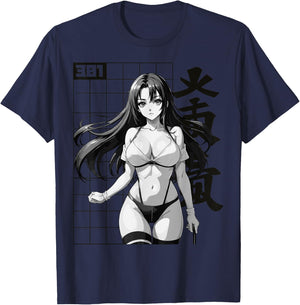 Sexy Waifu Otaku Anime Girl Japanese in Black White Art T-Shirt - T-Shirt | Navy