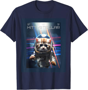 Astronaut Cat with Interstellar Space Aesthetic Movie Poster T-Shirt - T-Shirt | Navy