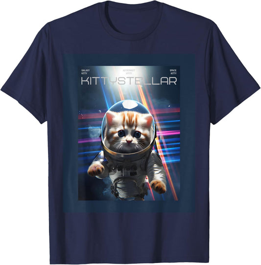 Astronaut Cat with Interstellar Space Aesthetic Movie Poster T-Shirt - T-Shirt | Navy