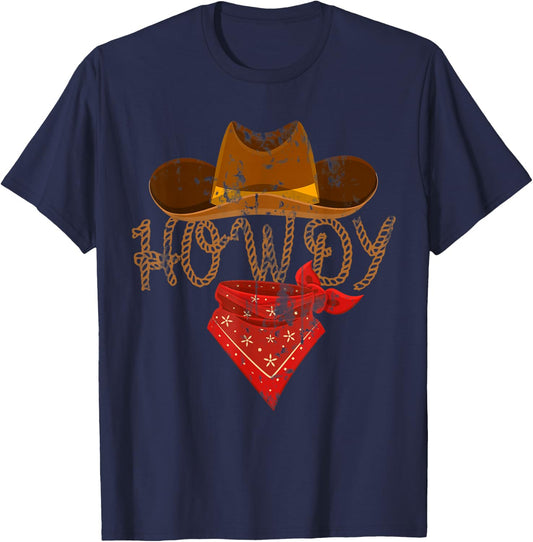 Western Cowboy Howdy - Classic Fit, Short Sleeve, Black Polyester & Cotton T-Shirt - T-Shirt | Navy