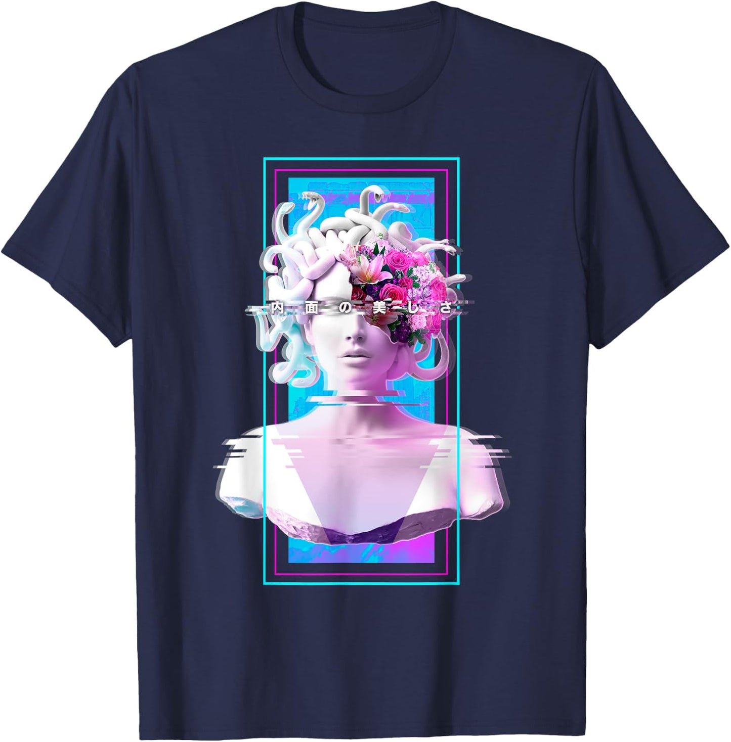 Vaporwave Medusa Statue Aesthetic Art Glitch Japanese Otaku T-Shirt - T-Shirt | Navy