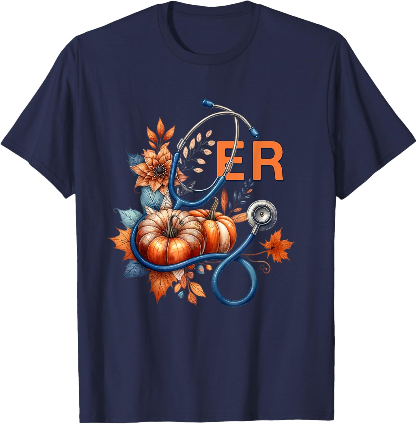 Fall Floral Stethoscope ER Emergency Room Nurse Appreciation T-Shirt - T-Shirt | Navy