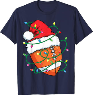 Santa Football Sports Ball Men Boys Christmas Xmas Lights T-Shirt - T-Shirt | Navy