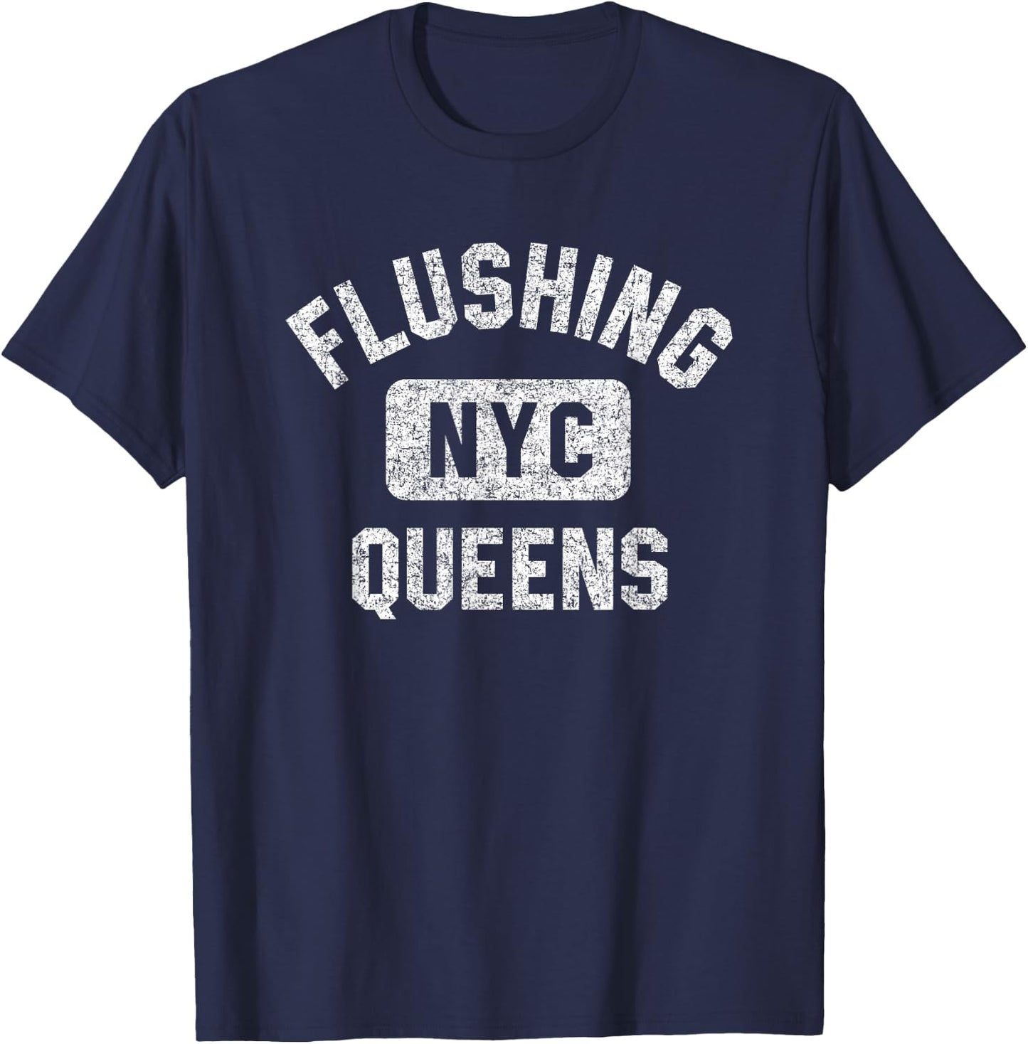 Flushing Queens NYC Gym Style Distressed White Print T-Shirt - T-Shirt | Navy