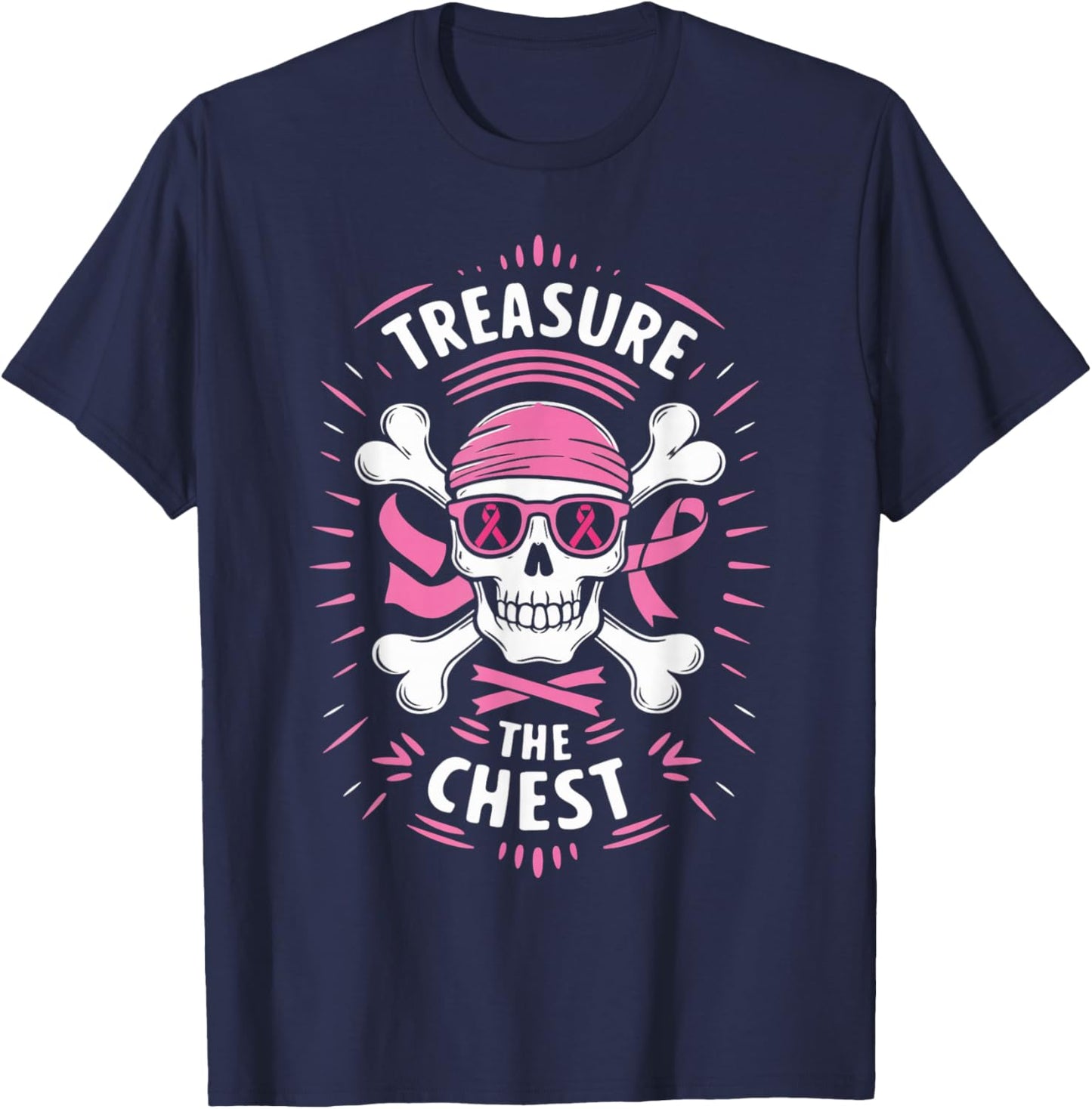 Pink Ribbon Breast Cancer Pirate Treasure the Chest T-Shirt - T-Shirt | Navy