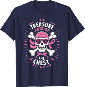 Pink Ribbon Breast Cancer Pirate Treasure the Chest T-Shirt - T-Shirt | Navy