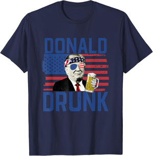 Donald Drunk 4th Of July US Flag Drinking President Trump T-Shirt - T-Shirt | Navy