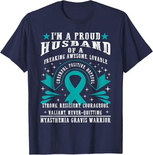MG Proud Husband Myasthenia Gravis Wife Warrior Teal Ribbon T-Shirt - T-Shirt | Navy