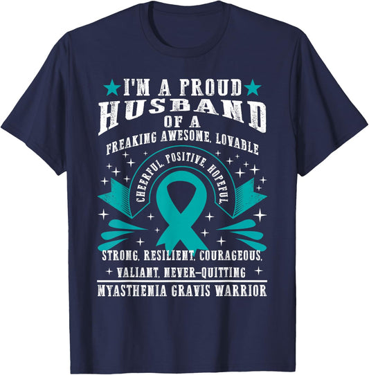 MG Proud Husband Myasthenia Gravis Wife Warrior Teal Ribbon T-Shirt - T-Shirt | Navy