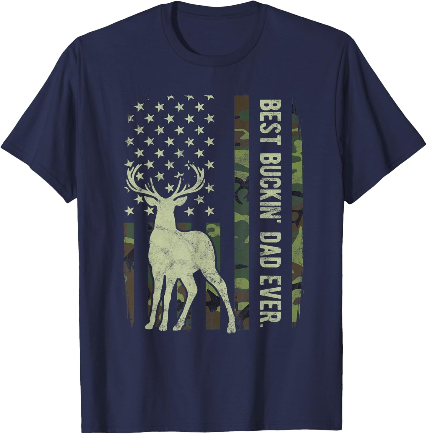 Best Buckin' Dad Camouflage American Flag Deer Hunting T-Shirt - T-Shirt | Navy