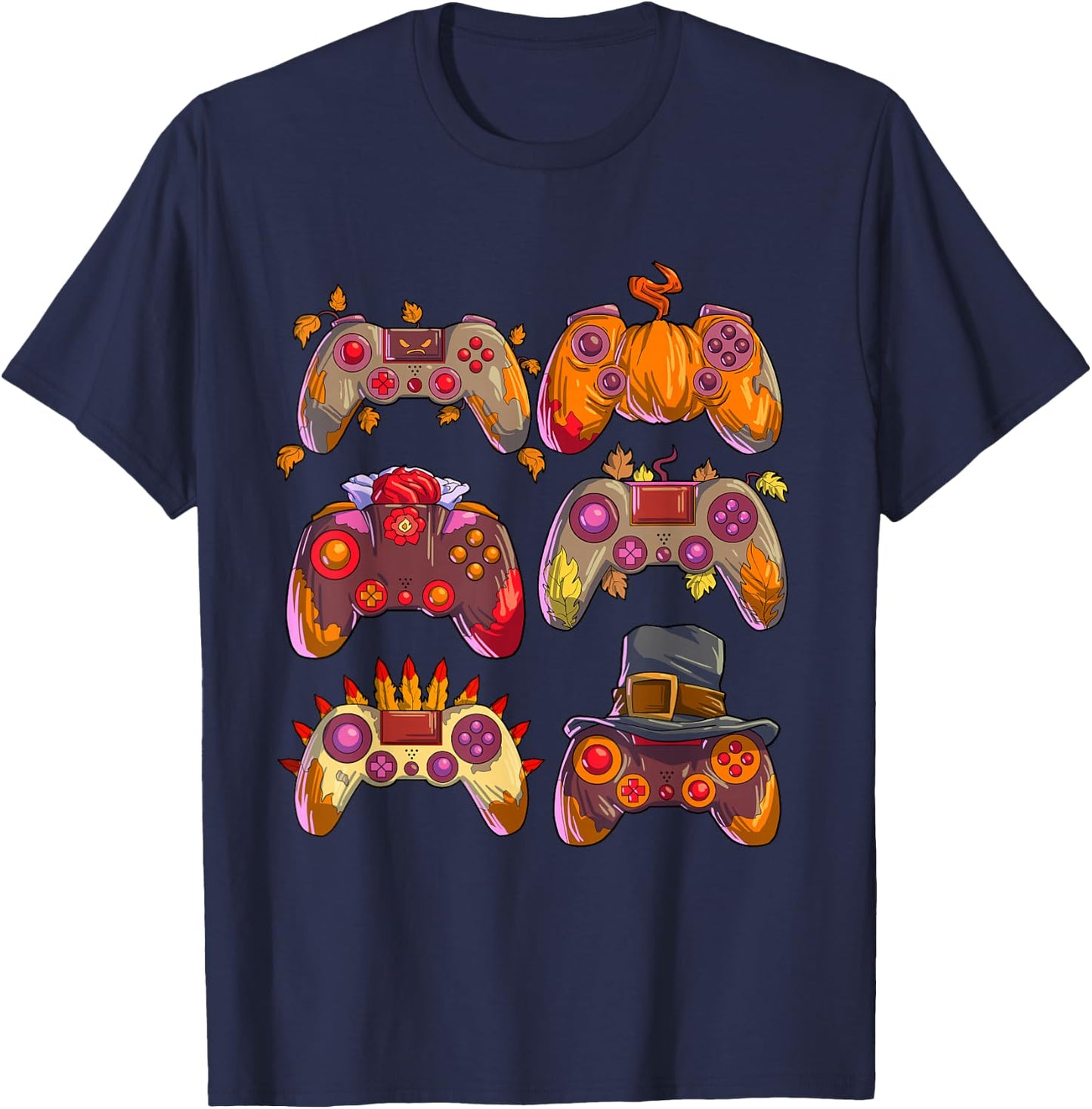 Gamer Thanksgiving Boys Gaming Controllers Turkey Pumpkin T-Shirt - T-Shirt | Navy