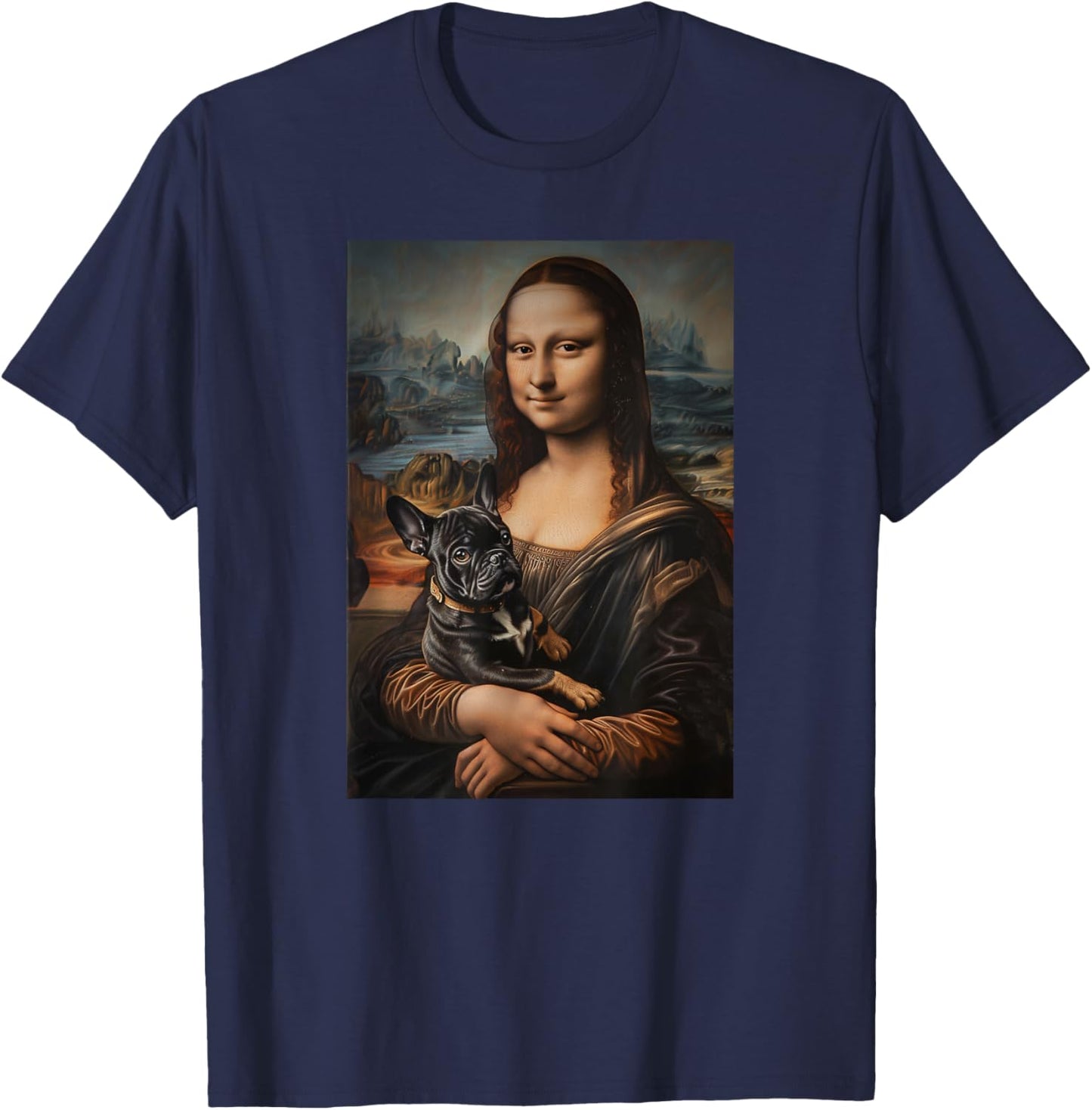 French Bulldog Mona Lisa Painting Art Dog Mom Dad Men Women Kids T-Shirt - T-Shirt | Navy
