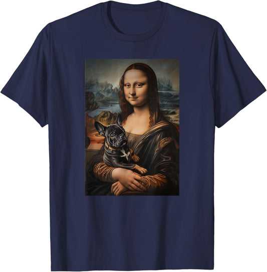 French Bulldog Mona Lisa Painting Art Dog Mom Dad Men Women Kids T-Shirt - T-Shirt | Navy