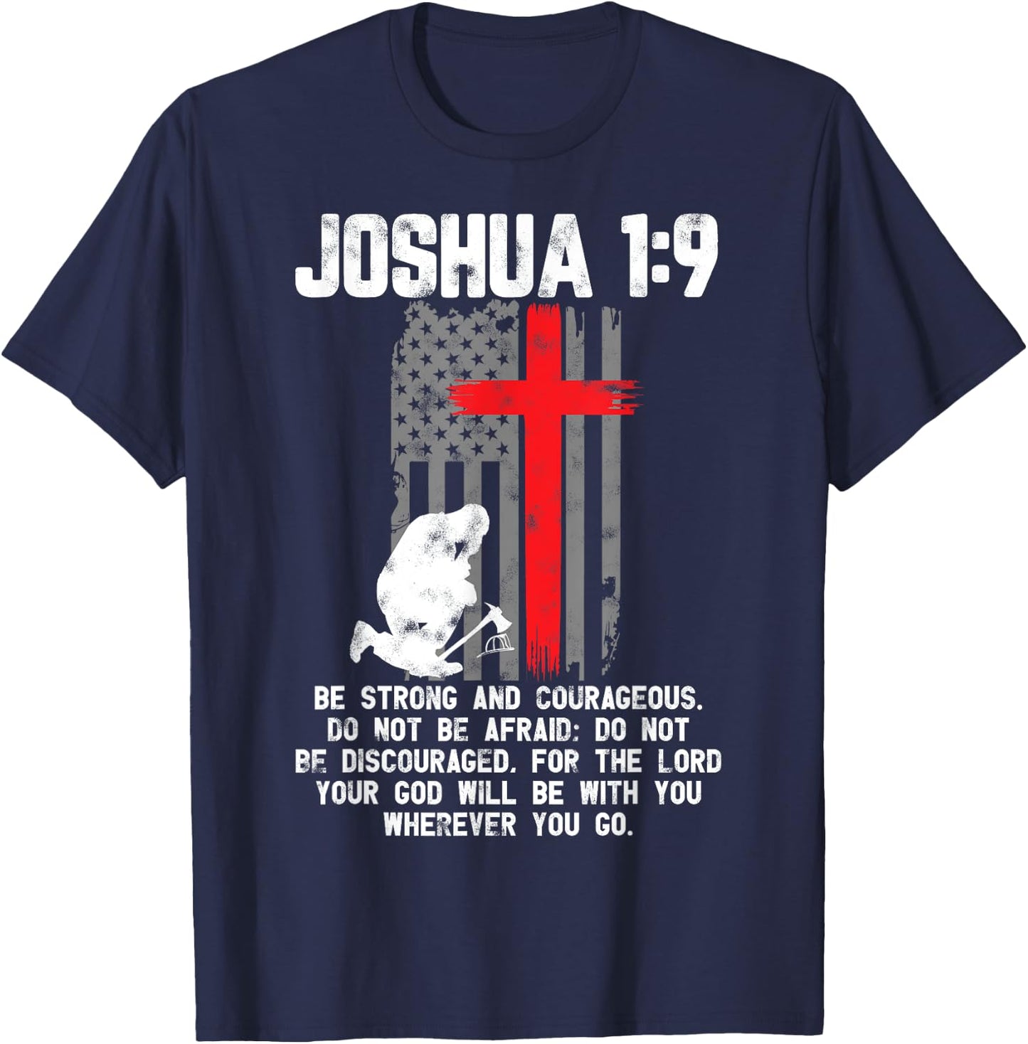 Thin Red Line Firefighter Cross Bible Verse Christian T-Shirt - T-Shirt | Navy
