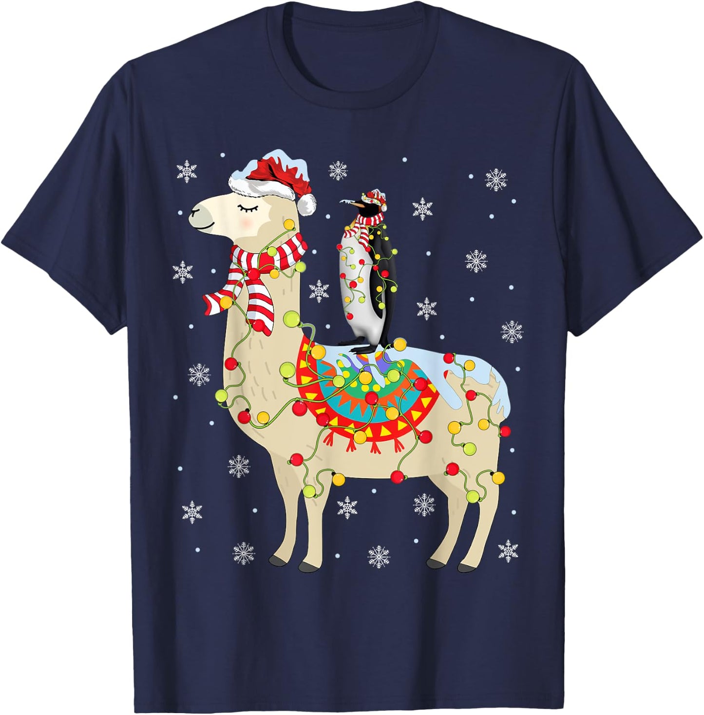 Xmas Lighting Santa Llama Riding Penguin Christmas T-Shirt - T-Shirt | Navy