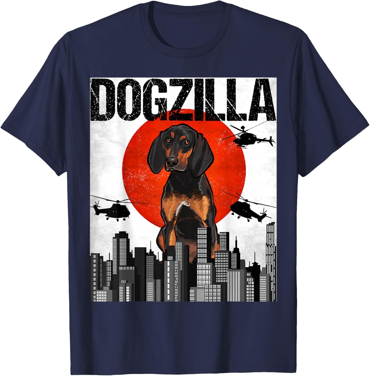 Funny Vintage Japanese Dogzilla Black and Tan Coonhound T-Shirt - T-Shirt | Navy