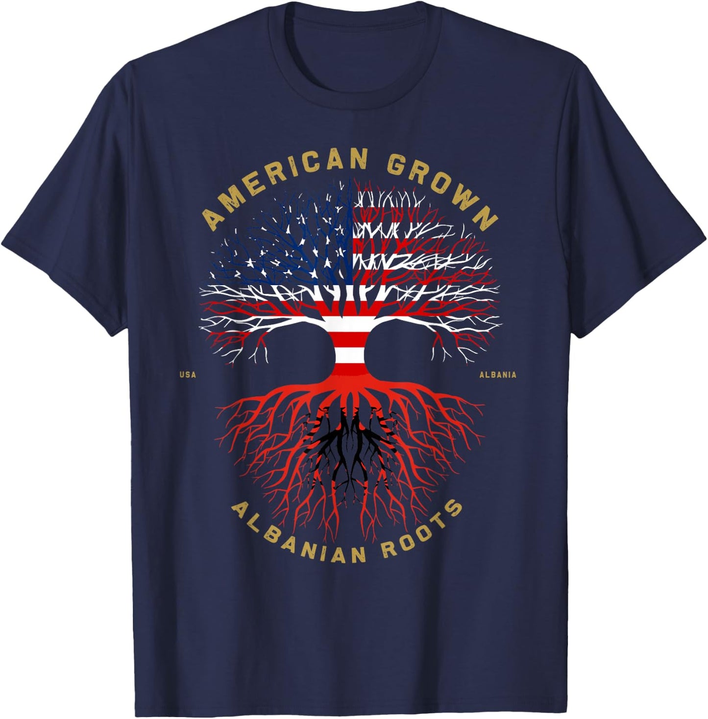 American Grown With Albanian Roots Tree USA Flag Gift T-Shirt - T-Shirt | Navy