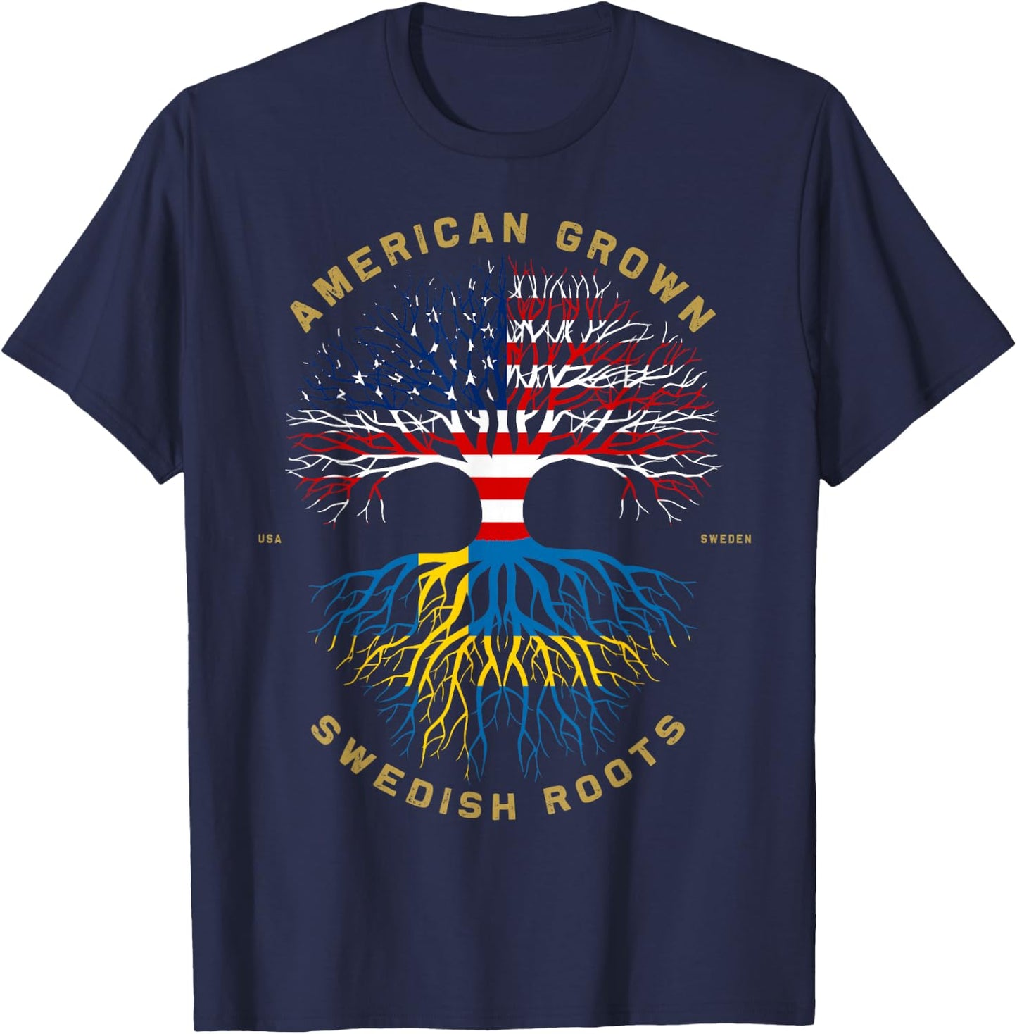 American Grown with Swedish Roots Tree USA Flag Unique Gifts T-Shirt - T-Shirt | Navy