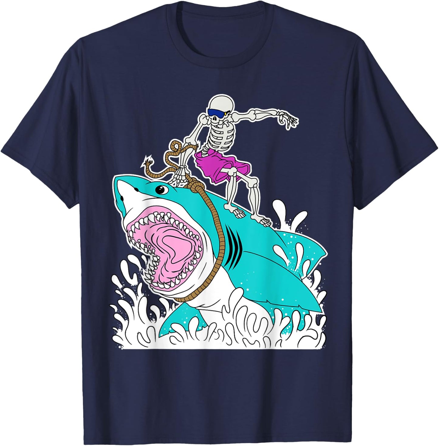 Funny Skeleton Surfing Shark Halloween T-Shirt - T-Shirt | Navy