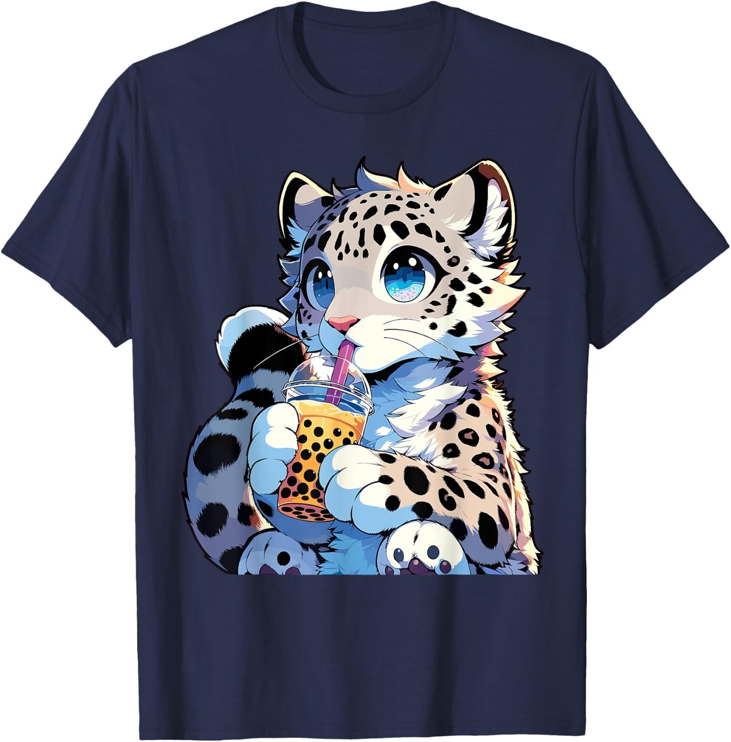 Kawaii Anime Snow Leopard Boba Tea Bubble Tea T-Shirt - T-Shirt | Navy