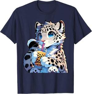 Kawaii Anime Snow Leopard Boba Tea Bubble Tea T-Shirt - T-Shirt | Navy