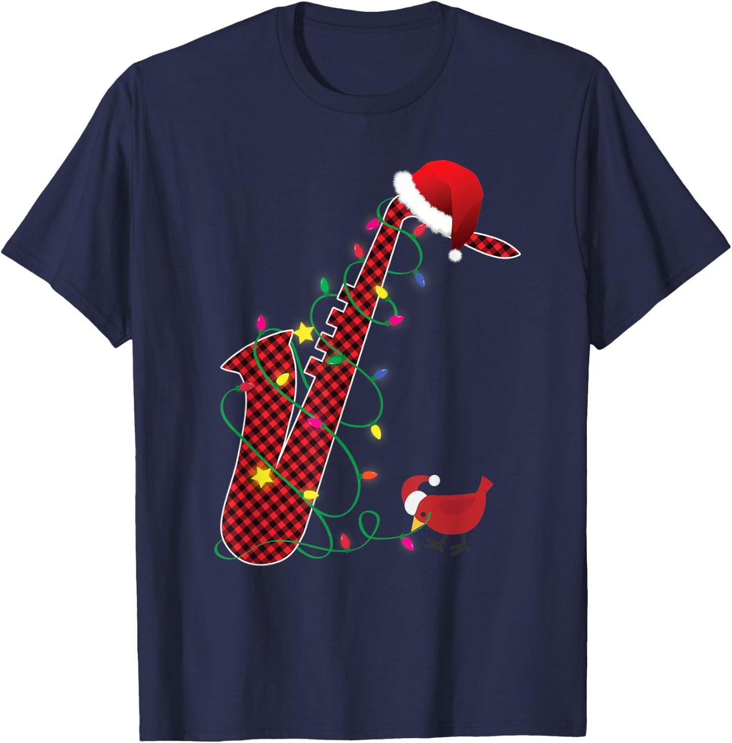 Red Buffalo Plaid Pajama Saxophone Lovers Christmas Lights T-Shirt - T-Shirt | Navy
