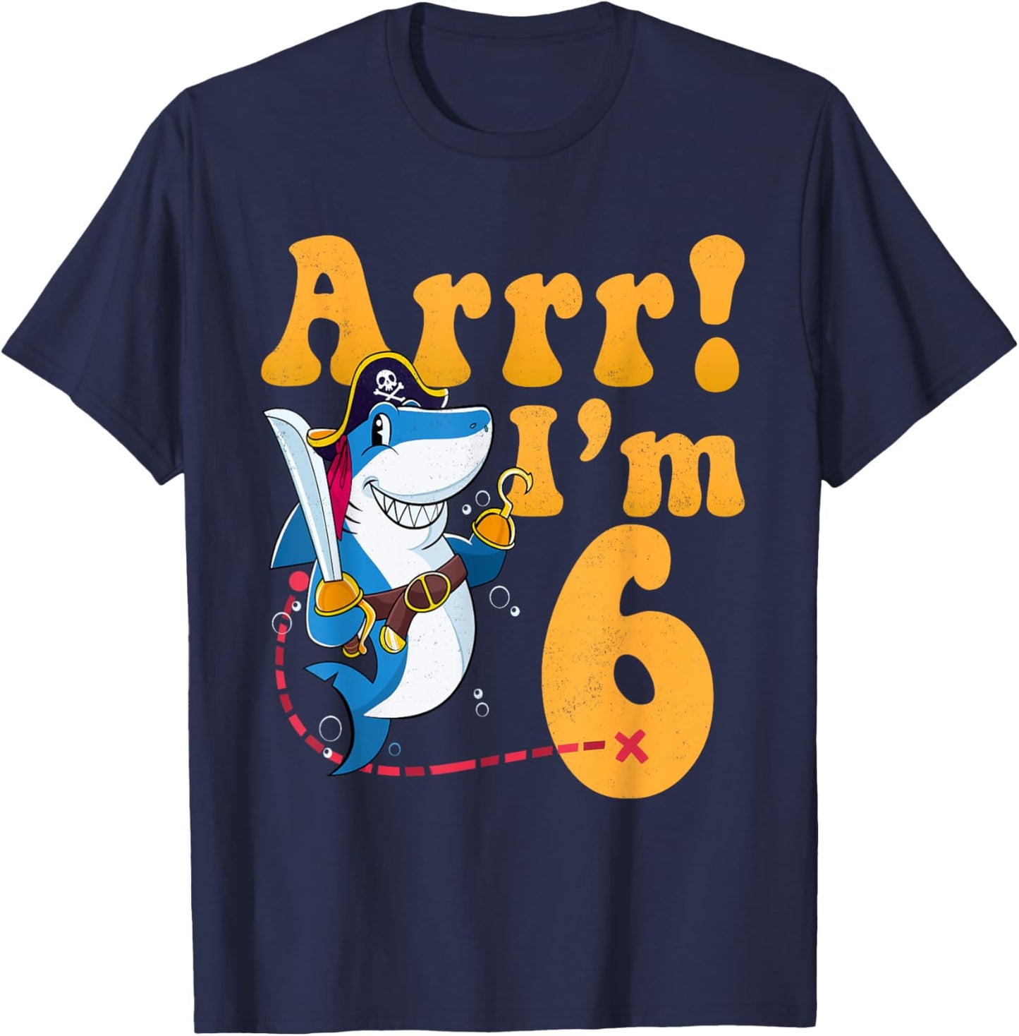 Kids 6th Shark Pirate Birthday Party 6 Six Years Old Boys T-Shirt - T-Shirt | Navy