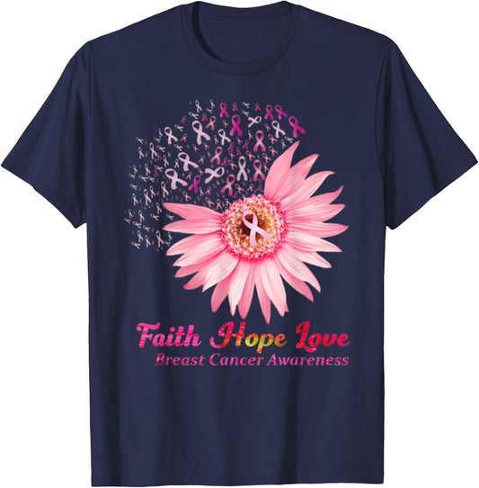 Faith Hope Love Breast Cancer Awareness Flower Pin T-Shirt - T-Shirt | Navy