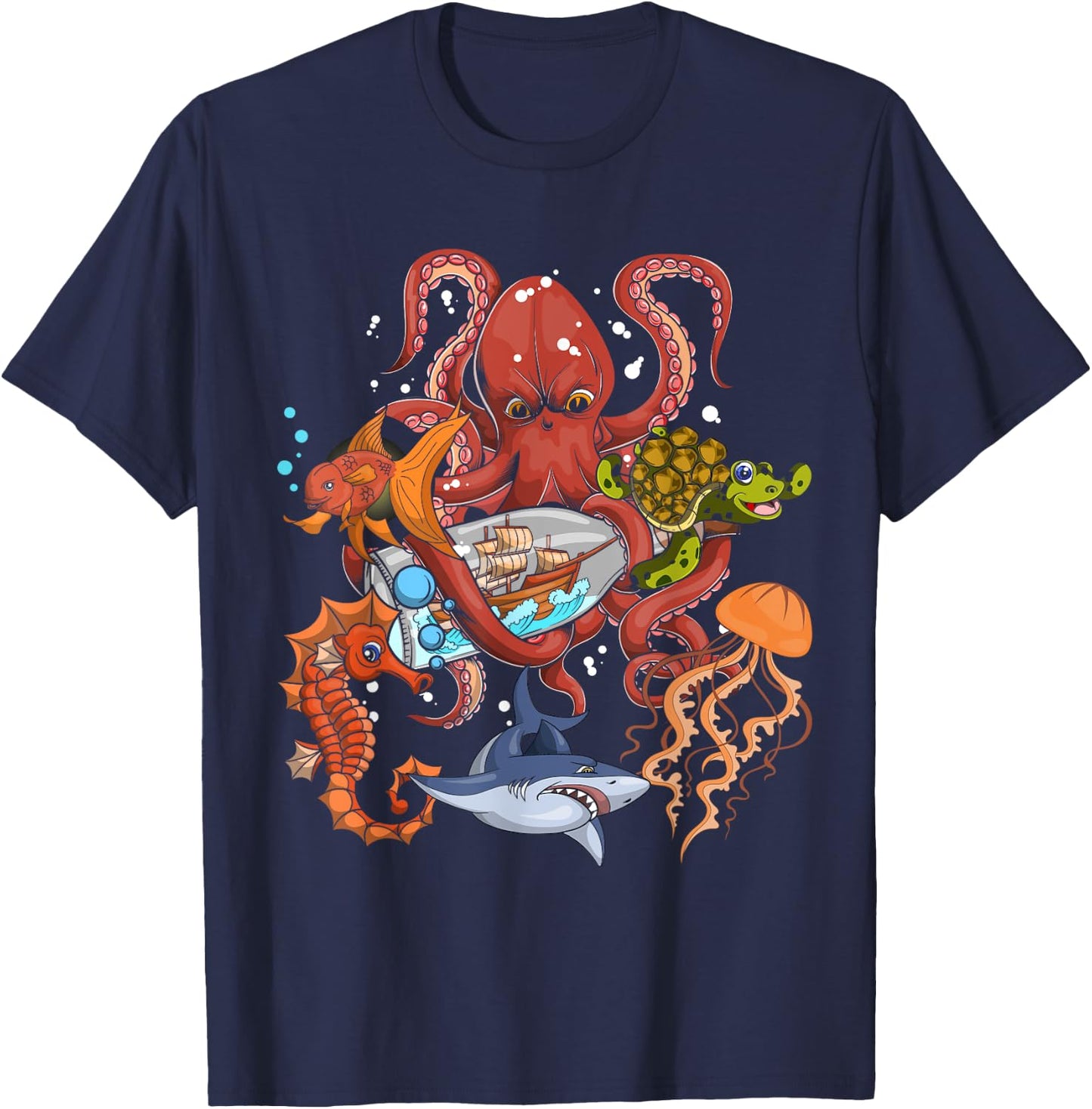 Jellyfish Turtle Seahorse Shark Octopus Kids Ocean Animal T-Shirt - T-Shirt | Navy