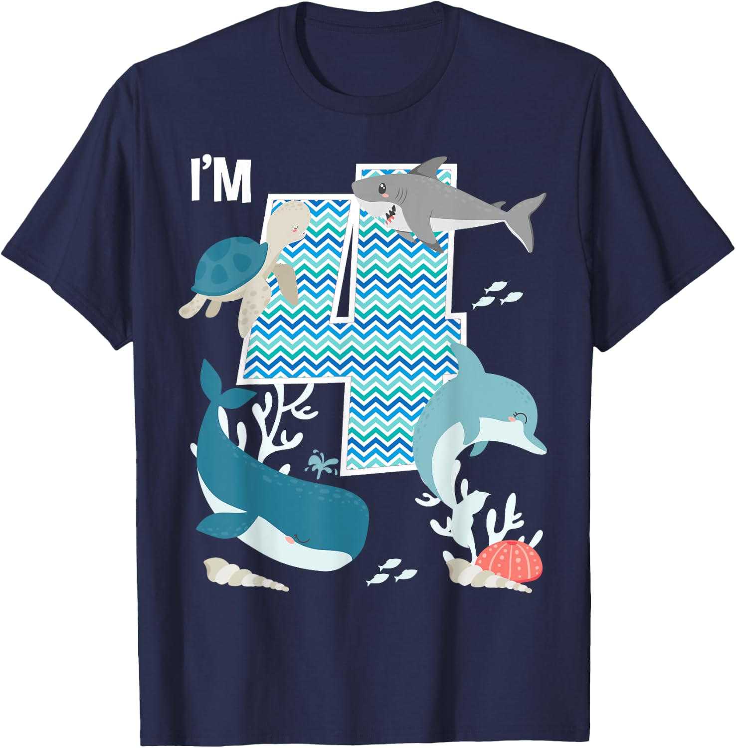Kids 4 Year Old Ocean Life Whale Dolphin Shark 4th Birthday T-Shirt - T-Shirt | Navy