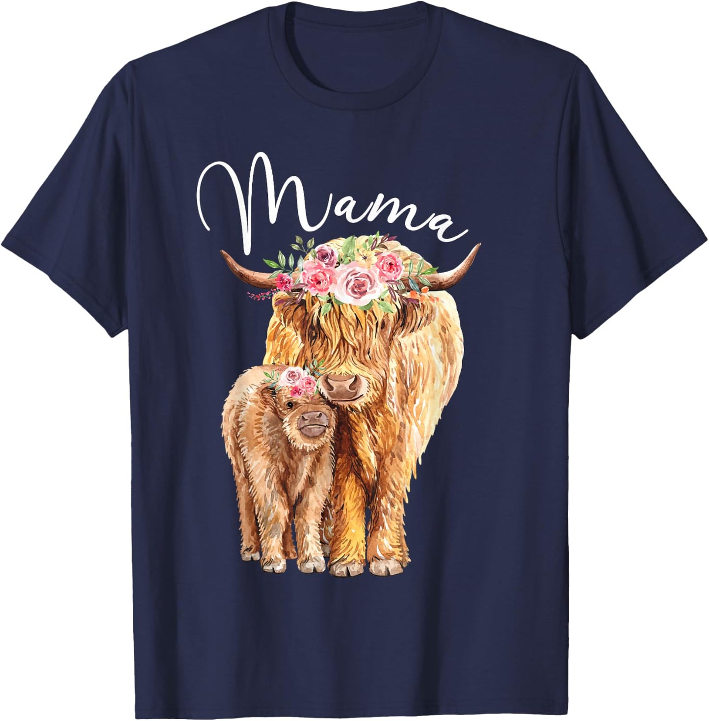 Mama Highland Cow With Baby Calf Floral Mothers Day Mom Gift T-Shirt - T-Shirt | Navy