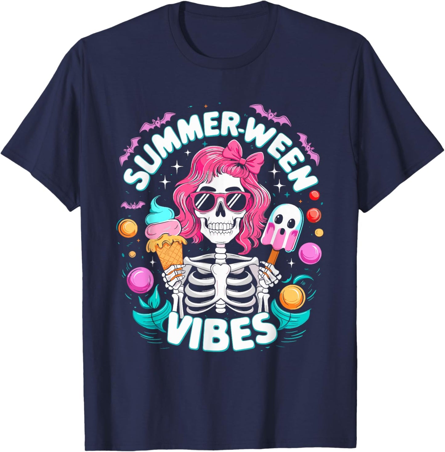 Summerween Vibes Skeleton Spooky Vacation Halloween Summer T-Shirt - T-Shirt | Navy