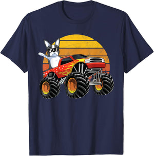 Monster Truck Boston Terrier Dog Retro Sunset Boys Kids Gift T-Shirt - T-Shirt | Navy