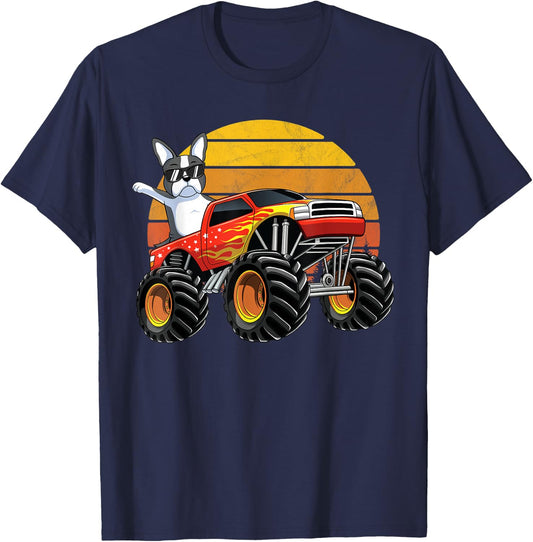 Monster Truck Boston Terrier Dog Retro Sunset Boys Kids Gift T-Shirt - T-Shirt | Navy